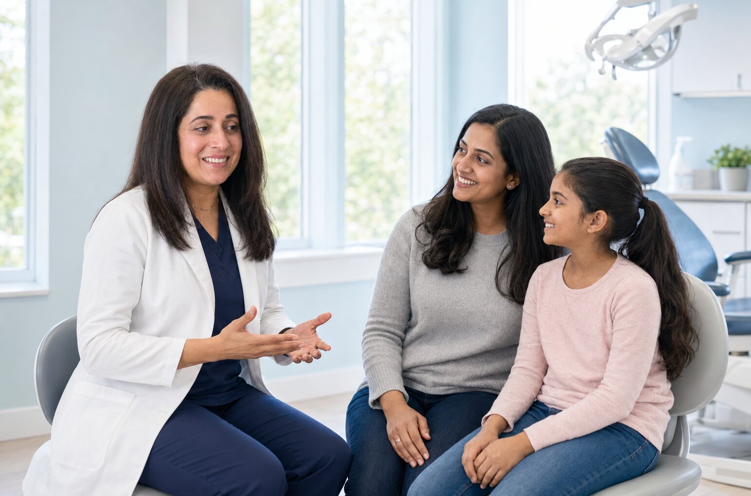 Dr. Reeni Benny speaking warmly with a mother and daughter in a bright dental clinic